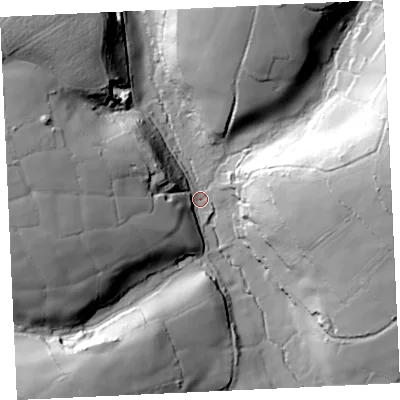 Shaded relief map of the ground around TR130RT, computed from Environment Agency LiDAR. The ground here sits at about 31 m above sea level and falls 61 m across the surrounding 800 m. Surface water reaching this point runs off ground lying to the west, 52.7 m higher.