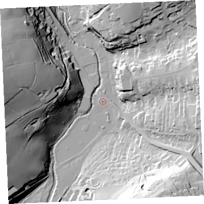 Shaded relief map of the ground around TR130SR, computed from Environment Agency LiDAR. The ground here sits at about 8 m above sea level and falls 68 m across the surrounding 800 m. Surface water reaching this point runs off ground lying to the north-east, 1.6 m higher.