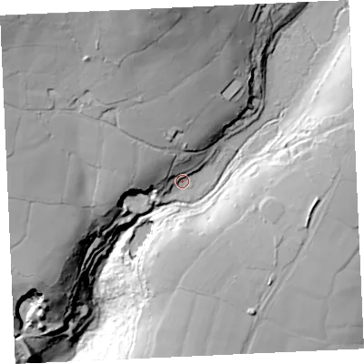 Shaded relief map of the ground around TR130SW, computed from Environment Agency LiDAR. The ground here sits at about 100 m above sea level and falls 96 m across the surrounding 800 m. Surface water reaching this point runs off ground lying to the north-north-west, 52.0 m higher.
