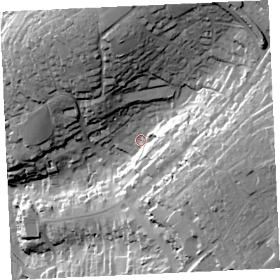 Shaded relief map of the ground around TR138DW, computed from Environment Agency LiDAR. The ground here sits at about 35 m above sea level and falls 73 m across the surrounding 800 m. Surface water reaching this point runs off ground lying to the east, 28.7 m higher.