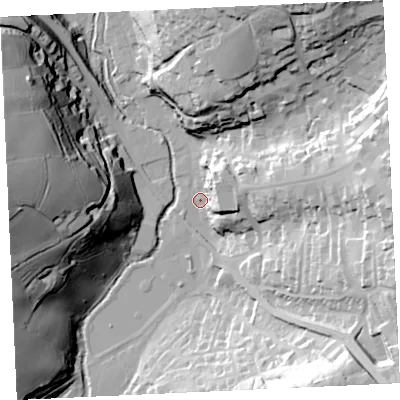 Shaded relief map of the ground around TR138EY, computed from Environment Agency LiDAR. The ground here sits at about 8 m above sea level and falls 64 m across the surrounding 800 m. Surface water reaching this point runs off ground lying to the east-south-east, 43.9 m higher.