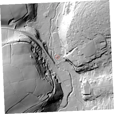 Shaded relief map of the ground around TR138GX, computed from Environment Agency LiDAR. The ground here sits at about 8 m above sea level and falls 75 m across the surrounding 800 m. Surface water reaching this point runs off ground lying to the north-east, 59.2 m higher.