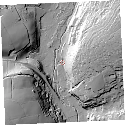 Shaded relief map of the ground around TR138HG, computed from Environment Agency LiDAR. The ground here sits at about 8 m above sea level and falls 74 m across the surrounding 800 m. Surface water reaching this point runs off ground lying to the east-north-east, 61.4 m higher.