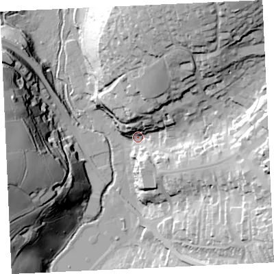 Shaded relief map of the ground around TR138HL, computed from Environment Agency LiDAR. The ground here sits at about 12 m above sea level and falls 62 m across the surrounding 800 m. Surface water reaching this point runs off ground lying to the north-east, 58.9 m higher.