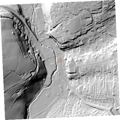 Shaded relief map of the ground around TR138HP, computed from Environment Agency LiDAR. The ground here sits at about 7 m above sea level and falls 66 m across the surrounding 800 m. Surface water reaching this point runs off ground lying to the west, 66.0 m higher.