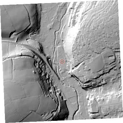 Shaded relief map of the ground around TR138HQ, computed from Environment Agency LiDAR. The ground here sits at about 8 m above sea level and falls 75 m across the surrounding 800 m. Surface water reaching this point runs off ground lying to the north-east, 58.7 m higher.