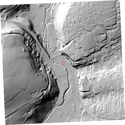 Shaded relief map of the ground around TR138HZ, computed from Environment Agency LiDAR. The ground here sits at about 7 m above sea level and falls 71 m across the surrounding 800 m. Surface water reaching this point runs off ground lying to the west-south-west, 71.2 m higher.