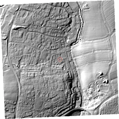 Shaded relief map of the ground around TR138LX, computed from Environment Agency LiDAR. The ground here sits at about 75 m above sea level and falls 24 m across the surrounding 800 m. Surface water reaching this point runs off ground lying to the west, 2.9 m higher.