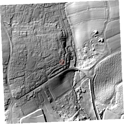 Shaded relief map of the ground around TR138LY, computed from Environment Agency LiDAR. The ground here sits at about 75 m above sea level and falls 30 m across the surrounding 800 m. Surface water reaching this point runs off ground lying to the west-north-west, 8.8 m higher.