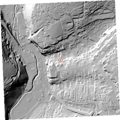 Shaded relief map of the ground around TR138NA, computed from Environment Agency LiDAR. The ground here sits at about 19 m above sea level and falls 61 m across the surrounding 800 m. Surface water reaching this point runs off ground lying to the east-south-east, 15.8 m higher.