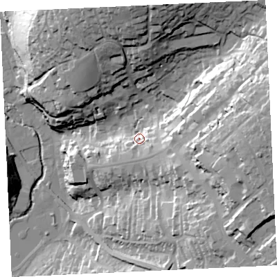 Shaded relief map of the ground around TR138PG, computed from Environment Agency LiDAR. The ground here sits at about 30 m above sea level and falls 71 m across the surrounding 800 m. Surface water reaching this point runs off ground lying to the east-south-east, 18.7 m higher.