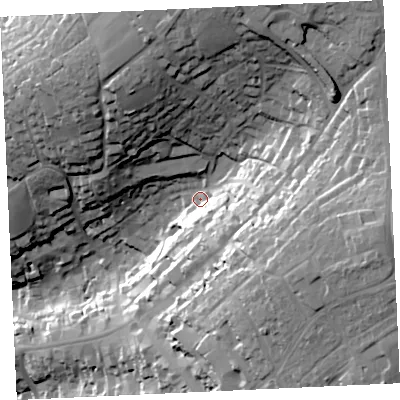 Shaded relief map of the ground around TR138QS, computed from Environment Agency LiDAR. The ground here sits at about 43 m above sea level and falls 69 m across the surrounding 800 m. Surface water reaching this point runs off ground lying to the east-south-east, 40.2 m higher.