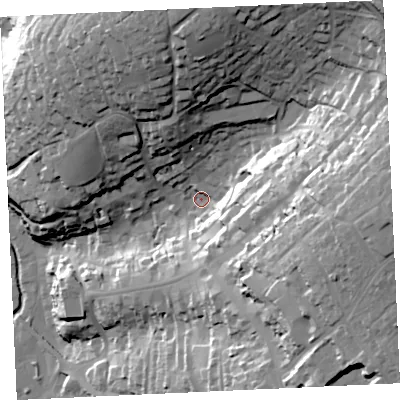 Shaded relief map of the ground around TR138TB, computed from Environment Agency LiDAR. The ground here sits at about 30 m above sea level and falls 74 m across the surrounding 800 m. Surface water reaching this point runs off ground lying to the east, 48.7 m higher.