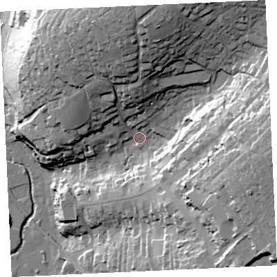 Shaded relief map of the ground around TR138TD, computed from Environment Agency LiDAR. The ground here sits at about 29 m above sea level and falls 72 m across the surrounding 800 m. Surface water reaching this point runs off ground lying to the north-north-east, 42.3 m higher.