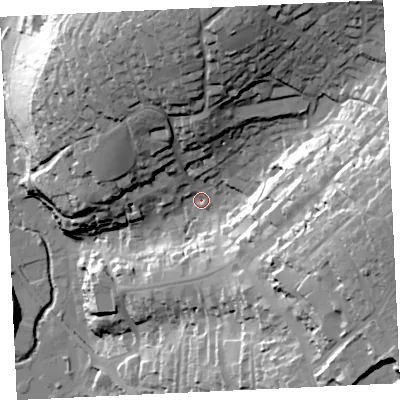 Shaded relief map of the ground around TR138TQ, computed from Environment Agency LiDAR. The ground here sits at about 27 m above sea level and falls 72 m across the surrounding 800 m. Surface water reaching this point runs off ground lying to the north, 41.8 m higher.