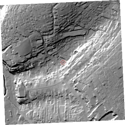 Shaded relief map of the ground around TR138YG, computed from Environment Agency LiDAR. The ground here sits at about 30 m above sea level and falls 74 m across the surrounding 800 m. Surface water reaching this point runs off ground lying to the east, 48.9 m higher.