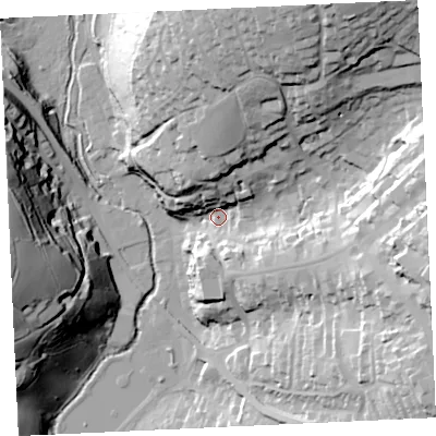 Shaded relief map of the ground around TR138YJ, computed from Environment Agency LiDAR. The ground here sits at about 16 m above sea level and falls 62 m across the surrounding 800 m. Surface water reaching this point runs off ground lying to the north-north-east, 54.4 m higher.