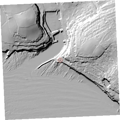 Shaded relief map of the ground around TR139EY, computed from Environment Agency LiDAR. The ground here sits at about 11 m above sea level and falls 58 m across the surrounding 800 m. Surface water reaching this point runs off ground lying to the east-north-east, 18.4 m higher.