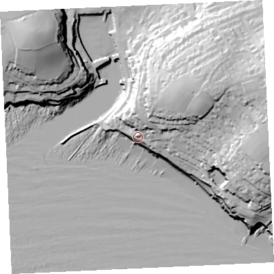 Shaded relief map of the ground around TR139EZ, computed from Environment Agency LiDAR. The ground here sits at about 18 m above sea level and falls 62 m across the surrounding 800 m. Surface water reaching this point runs off ground lying to the north-east, 48.9 m higher.