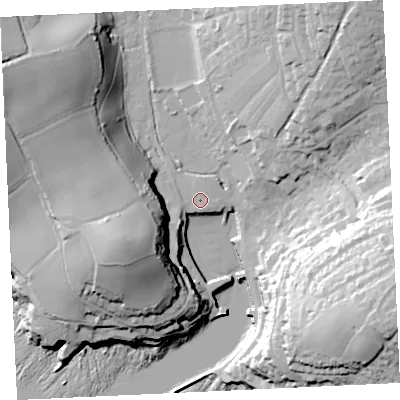 Shaded relief map of the ground around TR139FF, computed from Environment Agency LiDAR. The ground here sits at about 7 m above sea level and falls 57 m across the surrounding 800 m. Surface water reaching this point runs off ground lying to the south-west, 5.1 m higher.