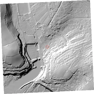 Shaded relief map of the ground around TR139HY, computed from Environment Agency LiDAR. The ground here sits at about 7 m above sea level and falls 63 m across the surrounding 800 m. Surface water reaching this point runs off ground lying to the east-south-east, 54.1 m higher.