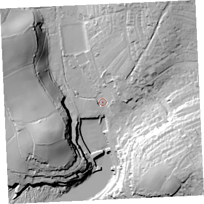 Shaded relief map of the ground around TR139JA, computed from Environment Agency LiDAR. The ground here sits at about 6 m above sea level and falls 58 m across the surrounding 800 m. Surface water reaching this point runs off ground lying to the west-south-west, 45.6 m higher.