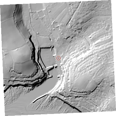 Shaded relief map of the ground around TR139JB, computed from Environment Agency LiDAR. The ground here sits at about 6 m above sea level and falls 60 m across the surrounding 800 m. Surface water reaching this point runs off ground lying to the east-south-east, 48.9 m higher.