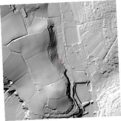 Shaded relief map of the ground around TR139JF, computed from Environment Agency LiDAR. The ground here sits at about 7 m above sea level and falls 59 m across the surrounding 800 m. Surface water reaching this point runs off ground lying to the west, 38.7 m higher.