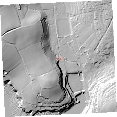 Shaded relief map of the ground around TR139JP, computed from Environment Agency LiDAR. The ground here sits at about 6 m above sea level and falls 58 m across the surrounding 800 m. Surface water reaching this point runs off ground lying to the south-south-west, 44.3 m higher.