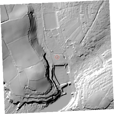 Shaded relief map of the ground around TR139JY, computed from Environment Agency LiDAR. The ground here sits at about 7 m above sea level and falls 57 m across the surrounding 800 m. Surface water reaching this point runs off ground lying to the south-east, 0.7 m higher.