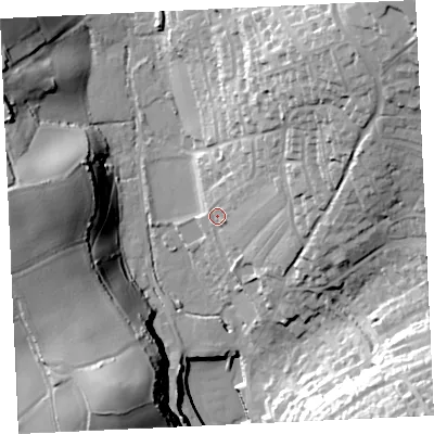 Shaded relief map of the ground around TR139LJ, computed from Environment Agency LiDAR. The ground here sits at about 12 m above sea level and falls 57 m across the surrounding 800 m. Surface water reaching this point runs off ground lying to the east-north-east, 16.6 m higher.