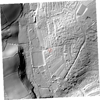 Shaded relief map of the ground around TR139LQ, computed from Environment Agency LiDAR. The ground here sits at about 16 m above sea level and falls 61 m across the surrounding 800 m. Surface water reaching this point runs off ground lying to the north-east, 34.5 m higher.