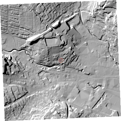 Shaded relief map of the ground around TR13AF, computed from Environment Agency LiDAR. The ground here sits at about 13 m above sea level and falls 39 m across the surrounding 800 m. Surface water reaching this point runs off ground lying to the north, 15.7 m higher.