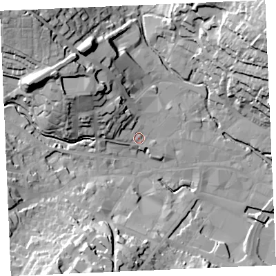 Shaded relief map of the ground around TR13AG, computed from Environment Agency LiDAR. The ground here sits at about 7 m above sea level and falls 36 m across the surrounding 800 m. Surface water reaching this point runs off ground lying to the north-west, 7.4 m higher.