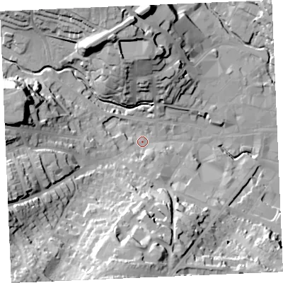 Shaded relief map of the ground around TR13BL, computed from Environment Agency LiDAR. The ground here sits at about 6 m above sea level and falls 48 m across the surrounding 800 m. Surface water reaching this point runs off ground lying to the south-west, 43.8 m higher.