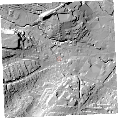 Shaded relief map of the ground around TR13BX, computed from Environment Agency LiDAR. The ground here sits at about 8 m above sea level and falls 55 m across the surrounding 800 m. Surface water reaching this point runs off ground lying to the south-west, 48.3 m higher.