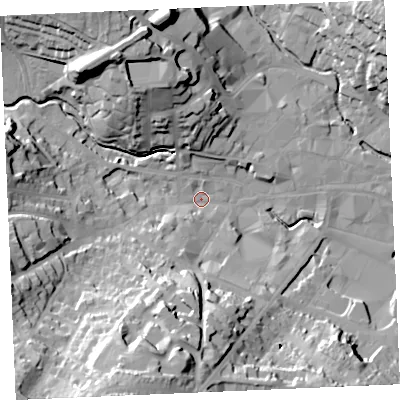 Shaded relief map of the ground around TR13DJ, computed from Environment Agency LiDAR. The ground here sits at about 5 m above sea level and falls 42 m across the surrounding 800 m. Surface water reaching this point runs off ground lying to the south-south-west, 41.9 m higher.