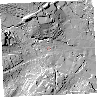 Shaded relief map of the ground around TR13DL, computed from Environment Agency LiDAR. The ground here sits at about 5 m above sea level and falls 44 m across the surrounding 800 m. Surface water reaching this point runs off ground lying to the south-west, 40.0 m higher.