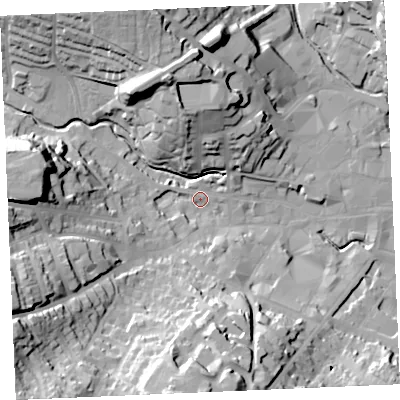 Shaded relief map of the ground around TR13DN, computed from Environment Agency LiDAR. The ground here sits at about 6 m above sea level and falls 43 m across the surrounding 800 m. Surface water reaching this point runs off ground lying to the south-west, 39.2 m higher.