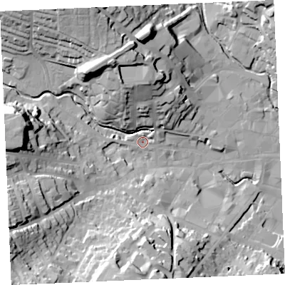 Shaded relief map of the ground around TR13DP, computed from Environment Agency LiDAR. The ground here sits at about 6 m above sea level and falls 38 m across the surrounding 800 m. Surface water reaching this point runs off ground lying to the west, 33.3 m higher.