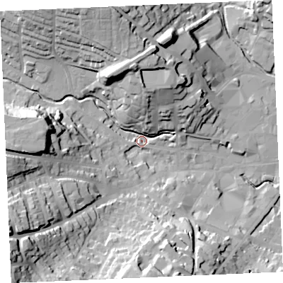 Shaded relief map of the ground around TR13DW, computed from Environment Agency LiDAR. The ground here sits at about 6 m above sea level and falls 47 m across the surrounding 800 m. Surface water reaching this point runs off ground lying to the west, 32.7 m higher.
