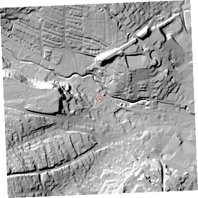 Shaded relief map of the ground around TR13JE, computed from Environment Agency LiDAR. The ground here sits at about 8 m above sea level and falls 58 m across the surrounding 800 m. Surface water reaching this point runs off ground lying to the west, 29.5 m higher.
