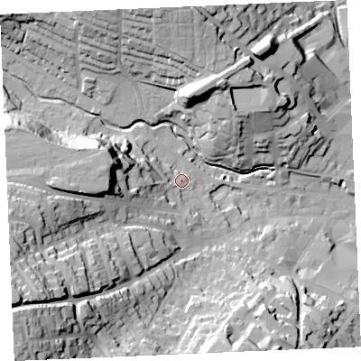 Shaded relief map of the ground around TR13JF, computed from Environment Agency LiDAR. The ground here sits at about 9 m above sea level and falls 60 m across the surrounding 800 m. Surface water reaching this point runs off ground lying to the west, 28.5 m higher.