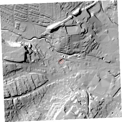 Shaded relief map of the ground around TR13JG, computed from Environment Agency LiDAR. The ground here sits at about 5 m above sea level and falls 53 m across the surrounding 800 m. Surface water reaching this point runs off ground lying to the west, 32.3 m higher.