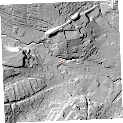 Shaded relief map of the ground around TR13JJ, computed from Environment Agency LiDAR. The ground here sits at about 7 m above sea level and falls 50 m across the surrounding 800 m. Surface water reaching this point runs off ground lying to the west, 33.8 m higher.