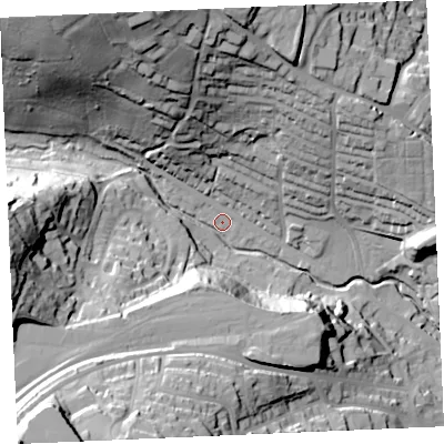 Shaded relief map of the ground around TR13NL, computed from Environment Agency LiDAR. The ground here sits at about 10 m above sea level and falls 60 m across the surrounding 800 m. Surface water reaching this point runs off ground lying to the north-west, 56.0 m higher.