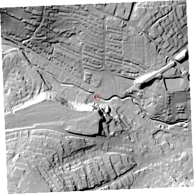 Shaded relief map of the ground around TR13NN, computed from Environment Agency LiDAR. The ground here sits at about 8 m above sea level and falls 60 m across the surrounding 800 m. Surface water reaching this point runs off ground lying to the north-west, 40.2 m higher.