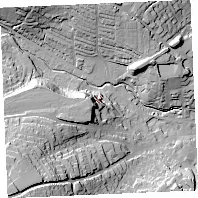 Shaded relief map of the ground around TR13NW, computed from Environment Agency LiDAR. The ground here sits at about 19 m above sea level and falls 62 m across the surrounding 800 m. Surface water reaching this point runs off ground lying to the south-south-west, 23.2 m higher.