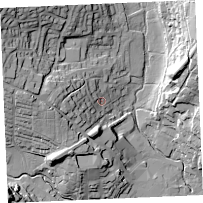 Shaded relief map of the ground around TR13SN, computed from Environment Agency LiDAR. The ground here sits at about 14 m above sea level and falls 52 m across the surrounding 800 m. Surface water reaching this point runs off ground lying to the west, 21.0 m higher.
