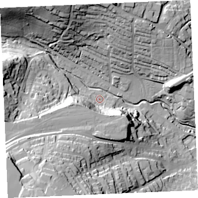 Shaded relief map of the ground around TR13XE, computed from Environment Agency LiDAR. The ground here sits at about 11 m above sea level and falls 59 m across the surrounding 800 m. Surface water reaching this point runs off ground lying to the west-south-west, 34.6 m higher.